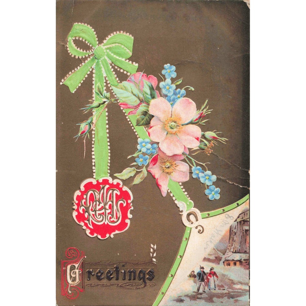 Vintage 1908 Embossed Christmas New Year Postcard Floral Ribbon Lester Iowa VG - Picture 1 of 2